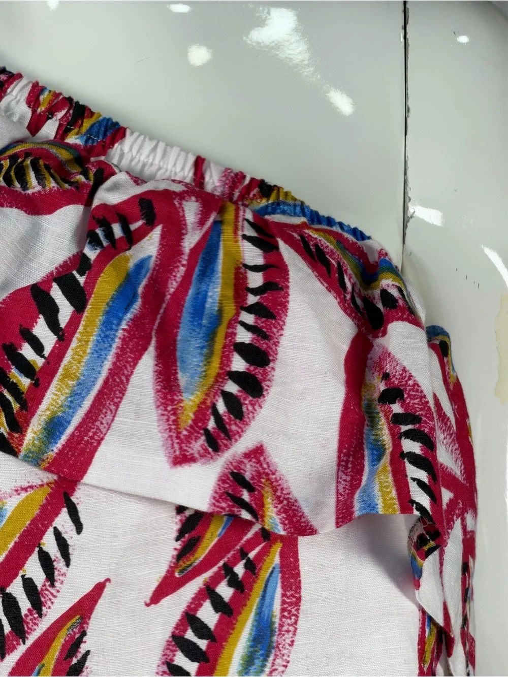 J. Crew One-Shoulder Tropical Leaf Print Dress Pink & Blue | Linen Cotton Blend